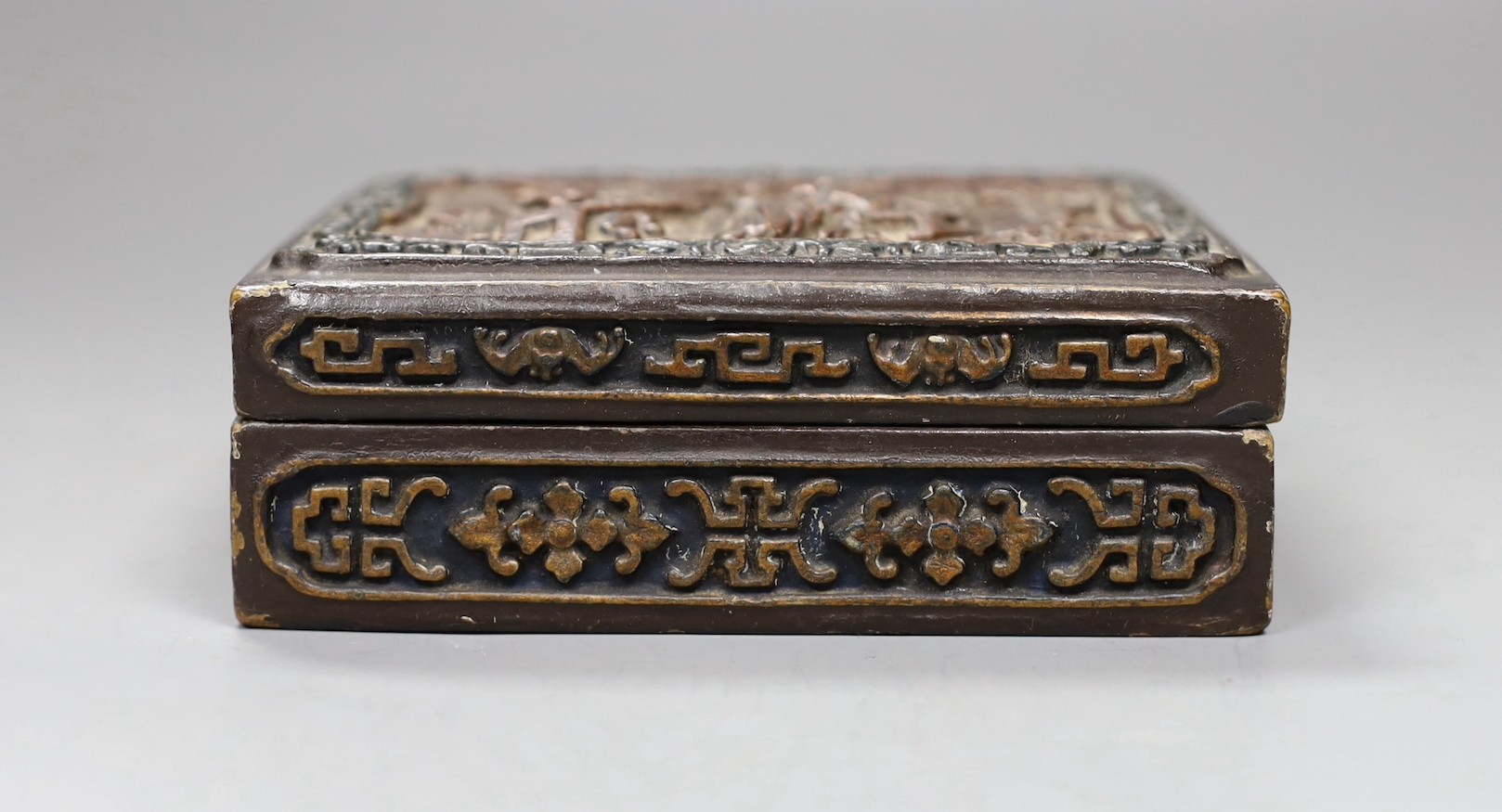 A Chinese lacquered rectangular box and cover, 12.5cms wide x10cms deep